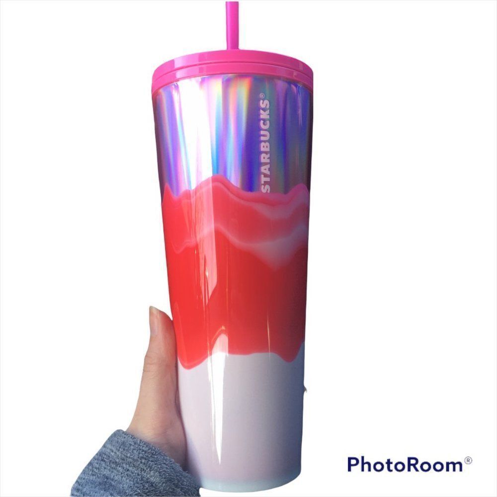 Starbucks 2021 Holiday Pink Wave Cold Cup Tumbler With Straw 24 oz NWT